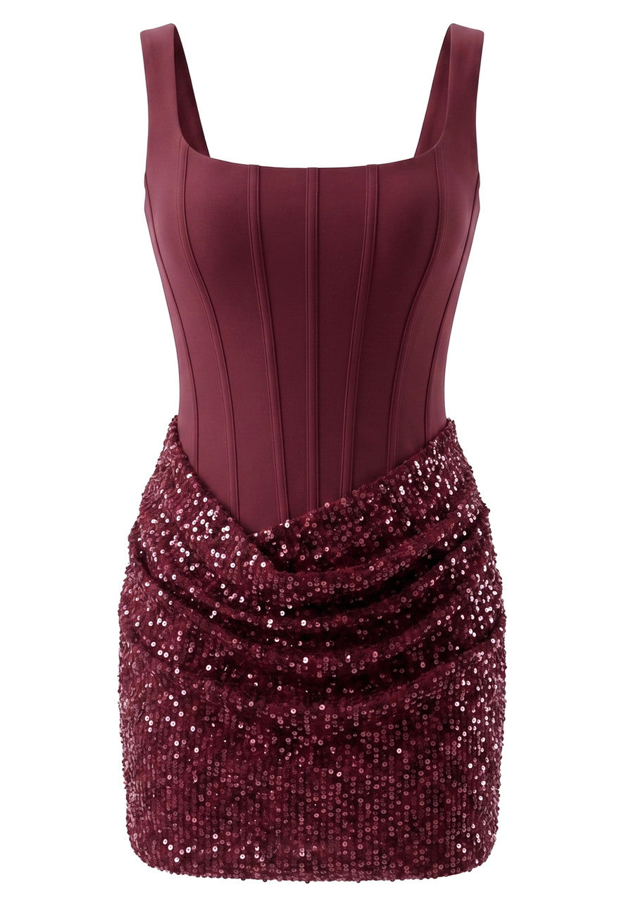 Sequin Draped Corset Dress Burgundy
