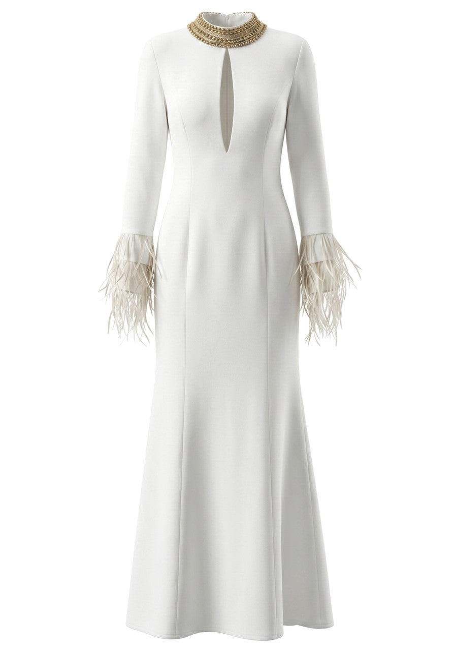 Long Sleeve Feather Embellished Maxi Dress White