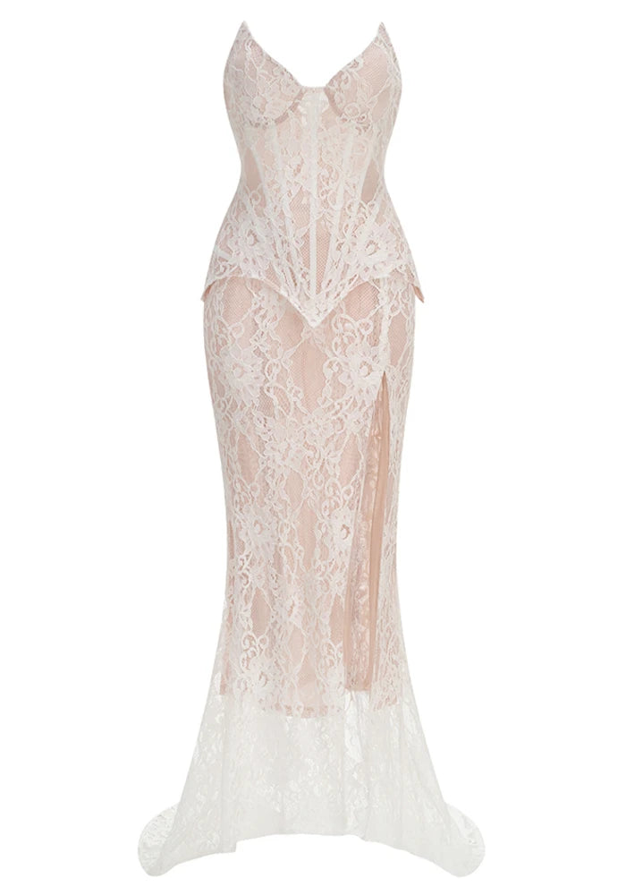 Strapless Lace Corset Two Piece Maxi Dress White