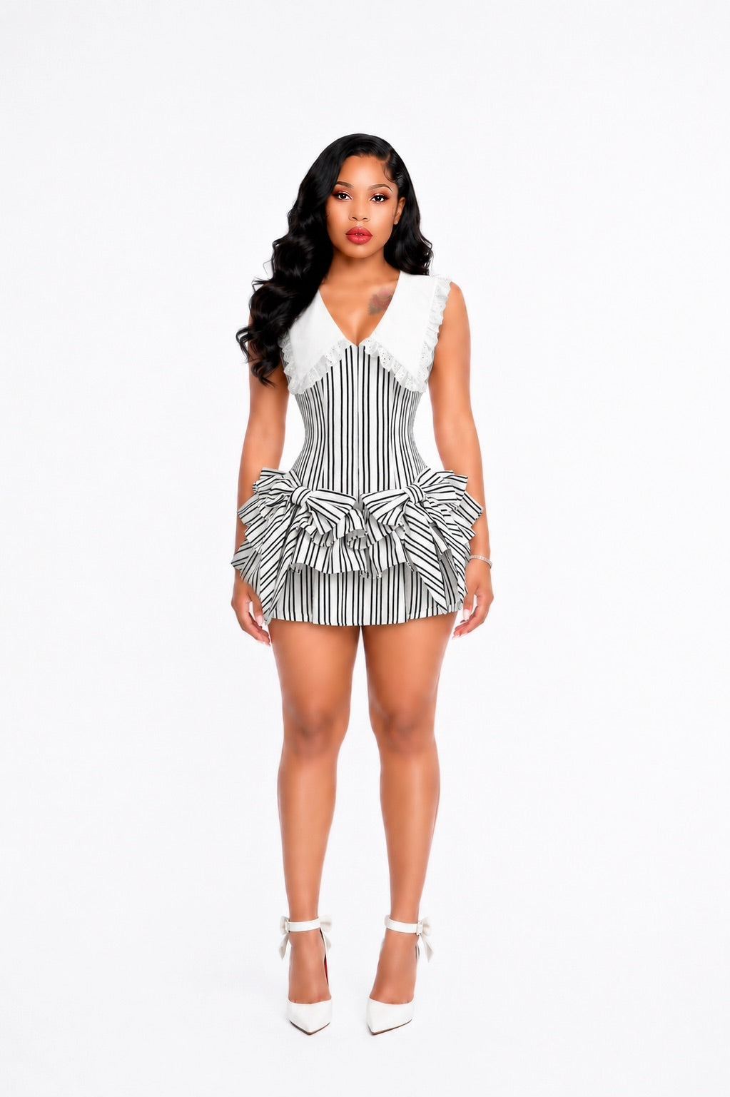Bow Detail Striped Ruffle Dress Black White