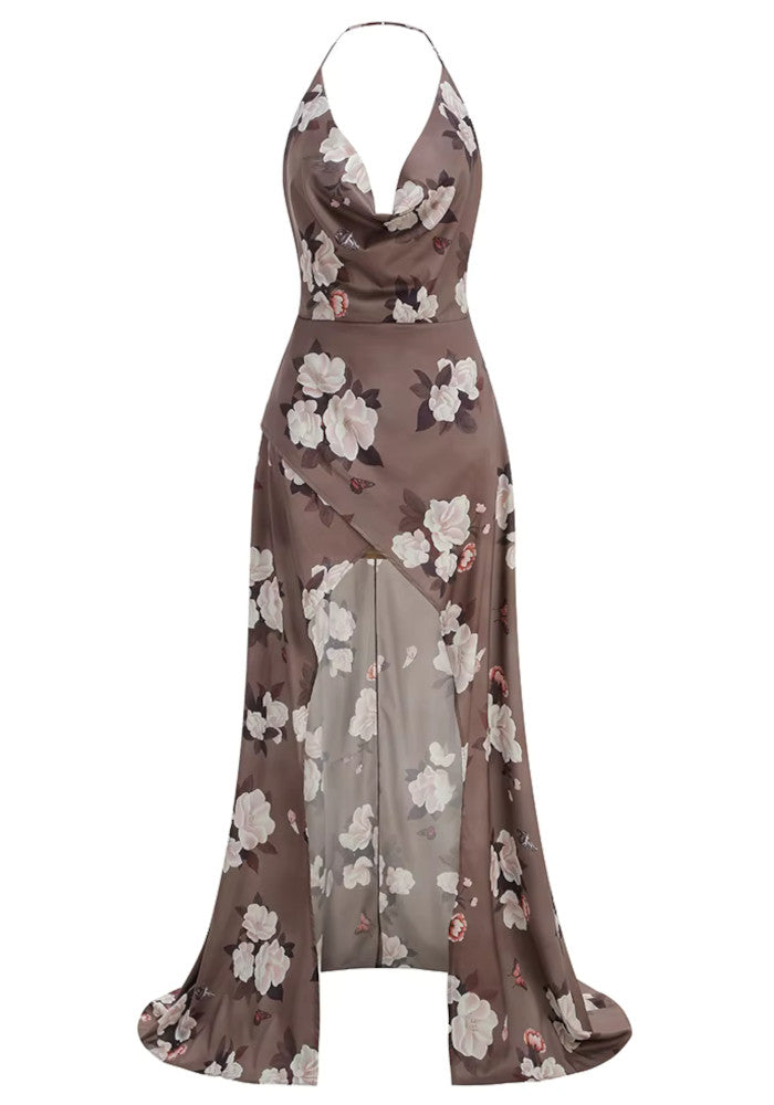 Halter Floral Maxi Dress Brown