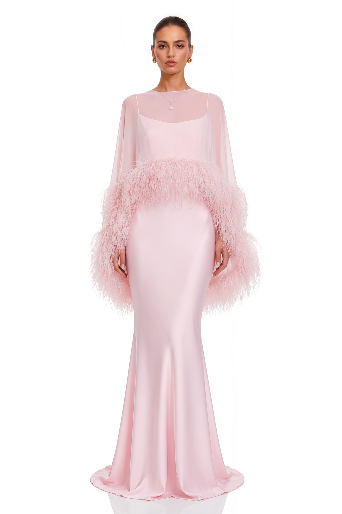 Pink Maxi Dress & Shawl Set with Feather Trim