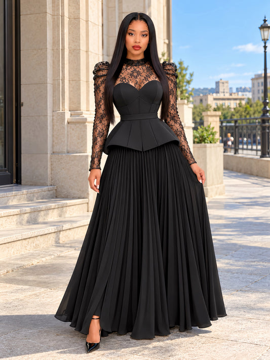 Black Lace Sleeve Blouse And Gored Skirt