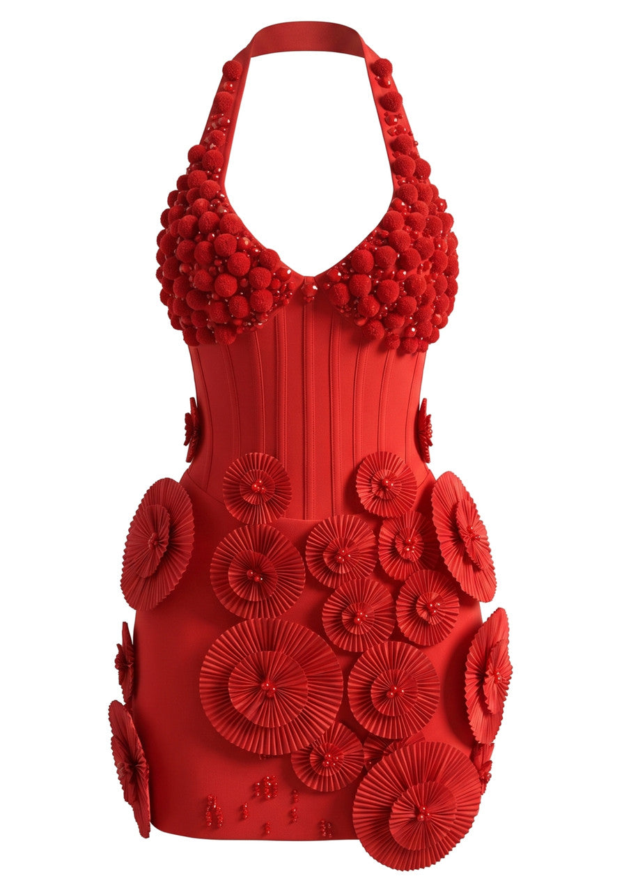 Halter Pleated Floral Dress Red