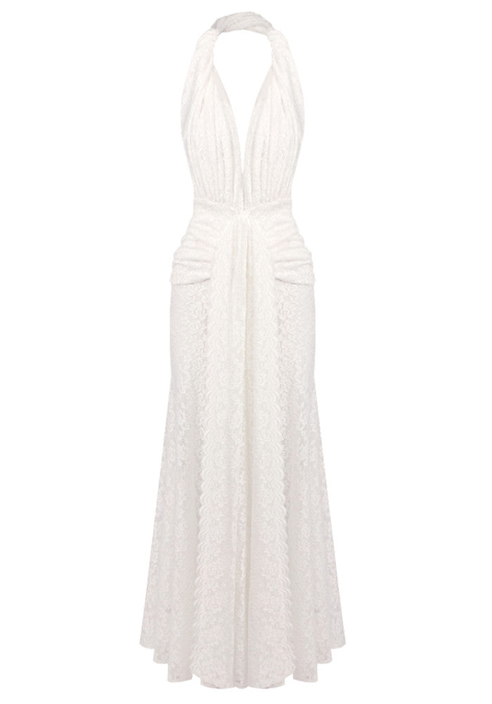 Halter Draped Lace Maxi Dress White