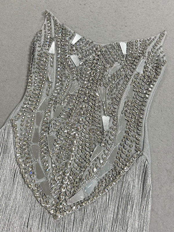 silver crystal fringe gown