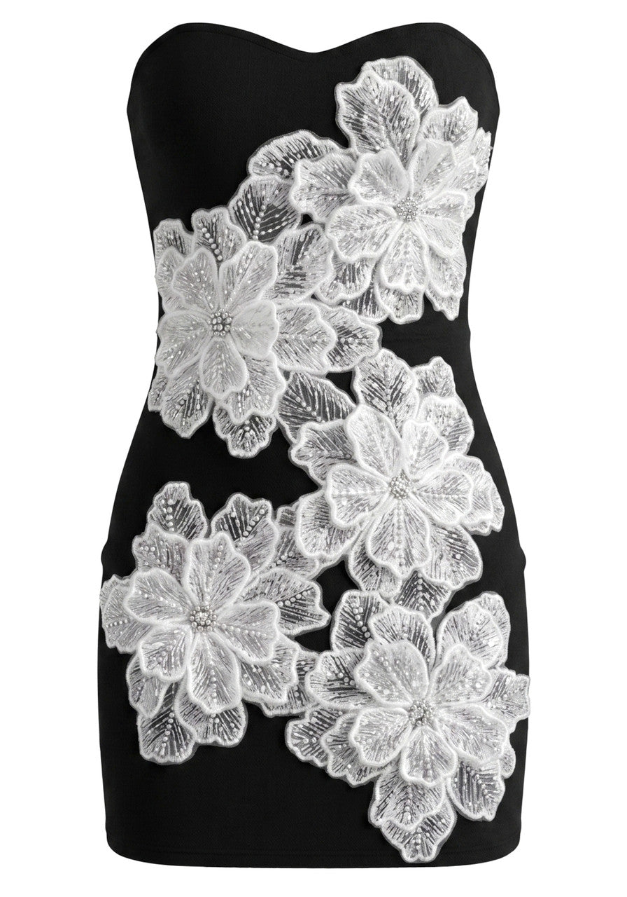 Strapless Embellished Floral Dress Black White