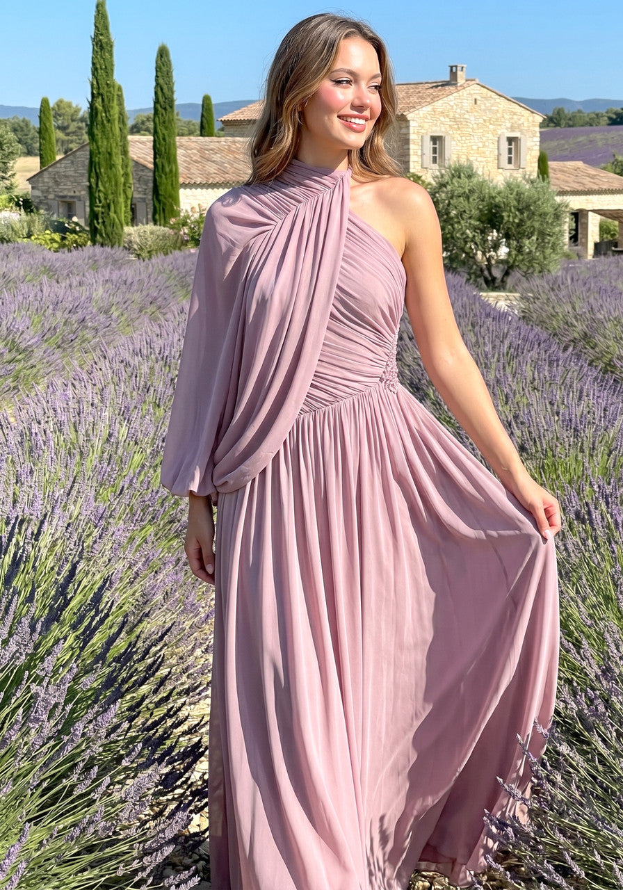 One Sleeve Draped Maxi Dress Dusty Pink