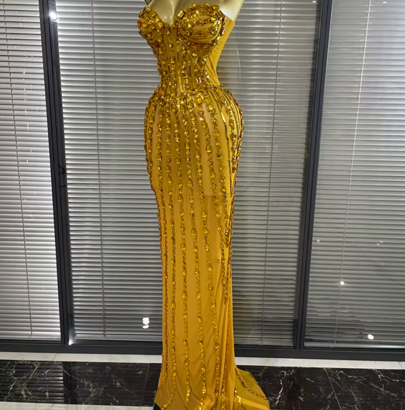 Gold Strapless Mesh See Through Long Dress