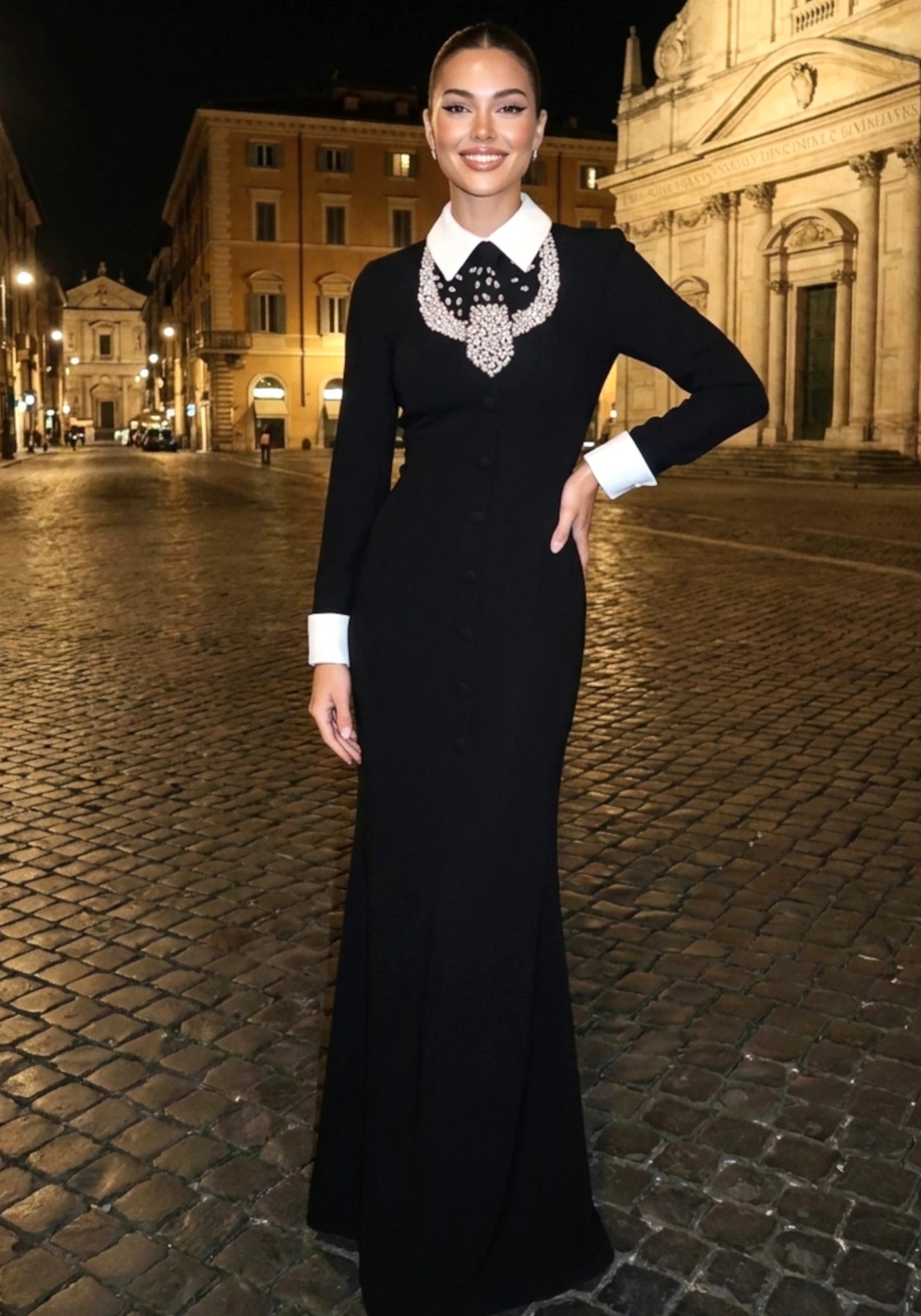 Long Sleeve Crystal Tie Maxi Dress Black