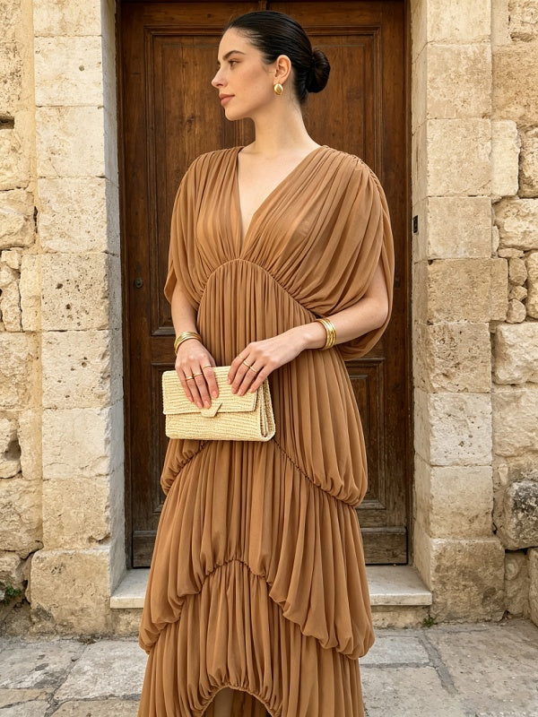 Caramel Draped Pleated Maxi Dress
