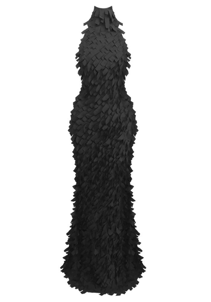 Halter Petal Detail Maxi Dress Black