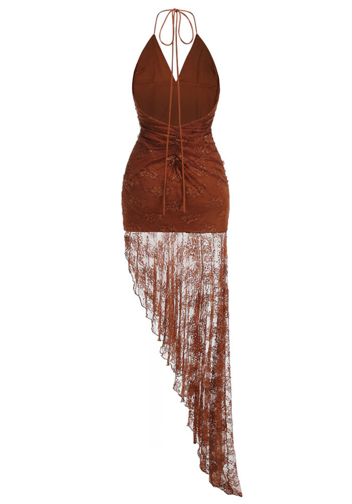 Halter Ruched Asymmetric Lace Maxi Dress Brown