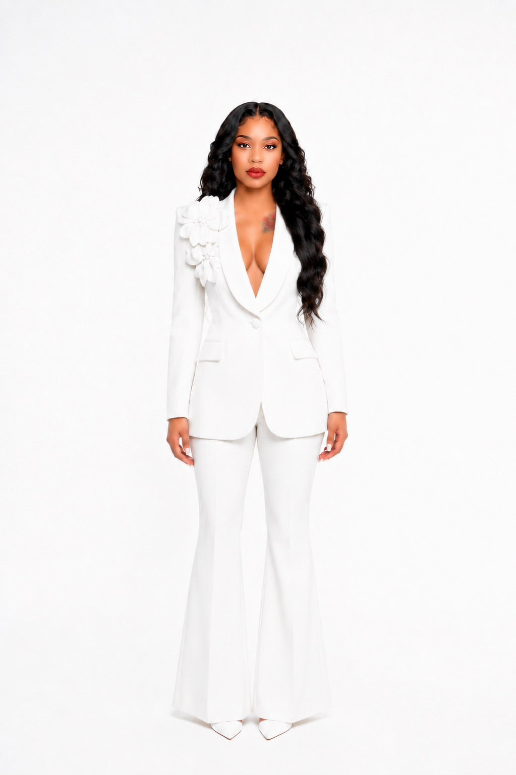 Long Sleeve Floral Detail Suit White