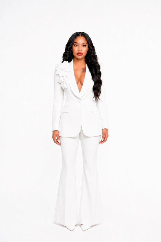 Long Sleeve Floral Detail Suit White