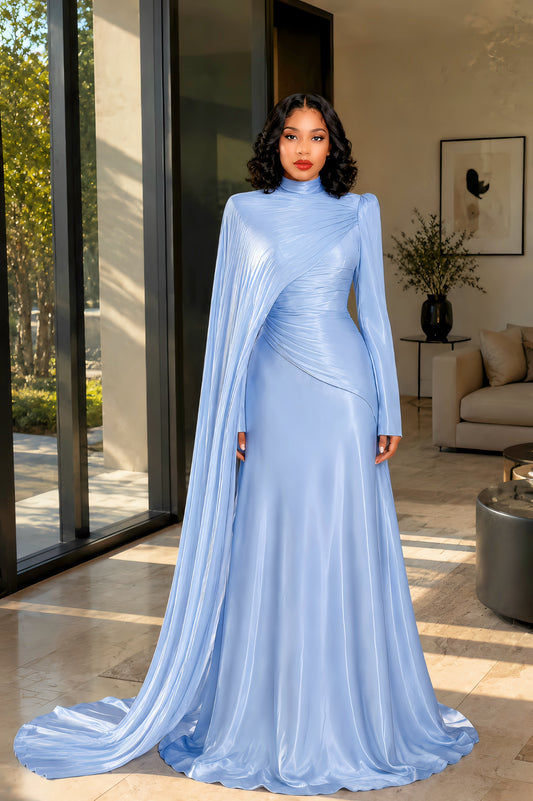 Blue Ruched Maxi Dress with Cape