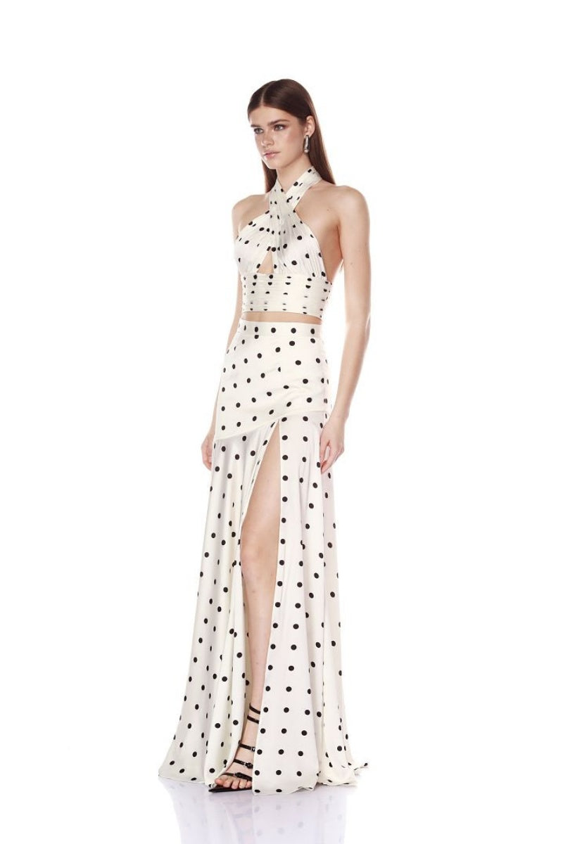 Ivory Polka Dot Halter Top & High-Slit Maxi Skirt Set
