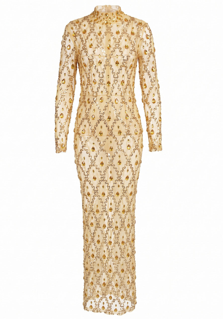 Long Sleeve Embellished Sequin Mesh Maxi Dress Gold