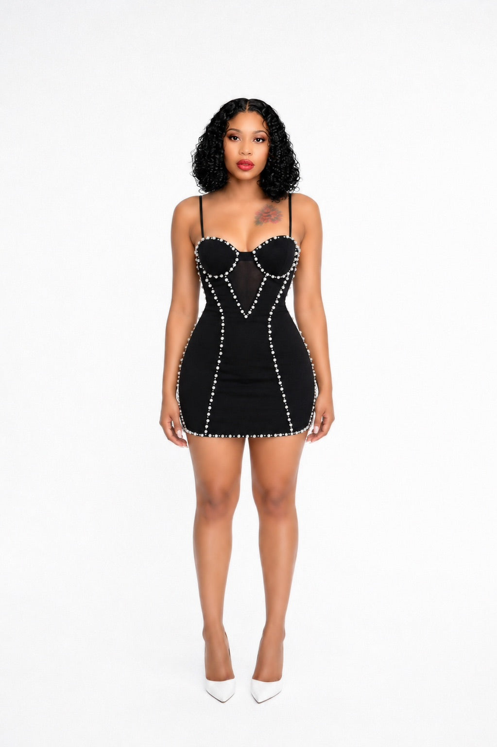 Pearl Mesh Insert Dress Black