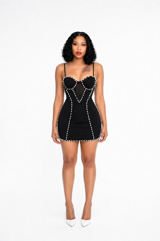 Pearl Mesh Insert Dress Black