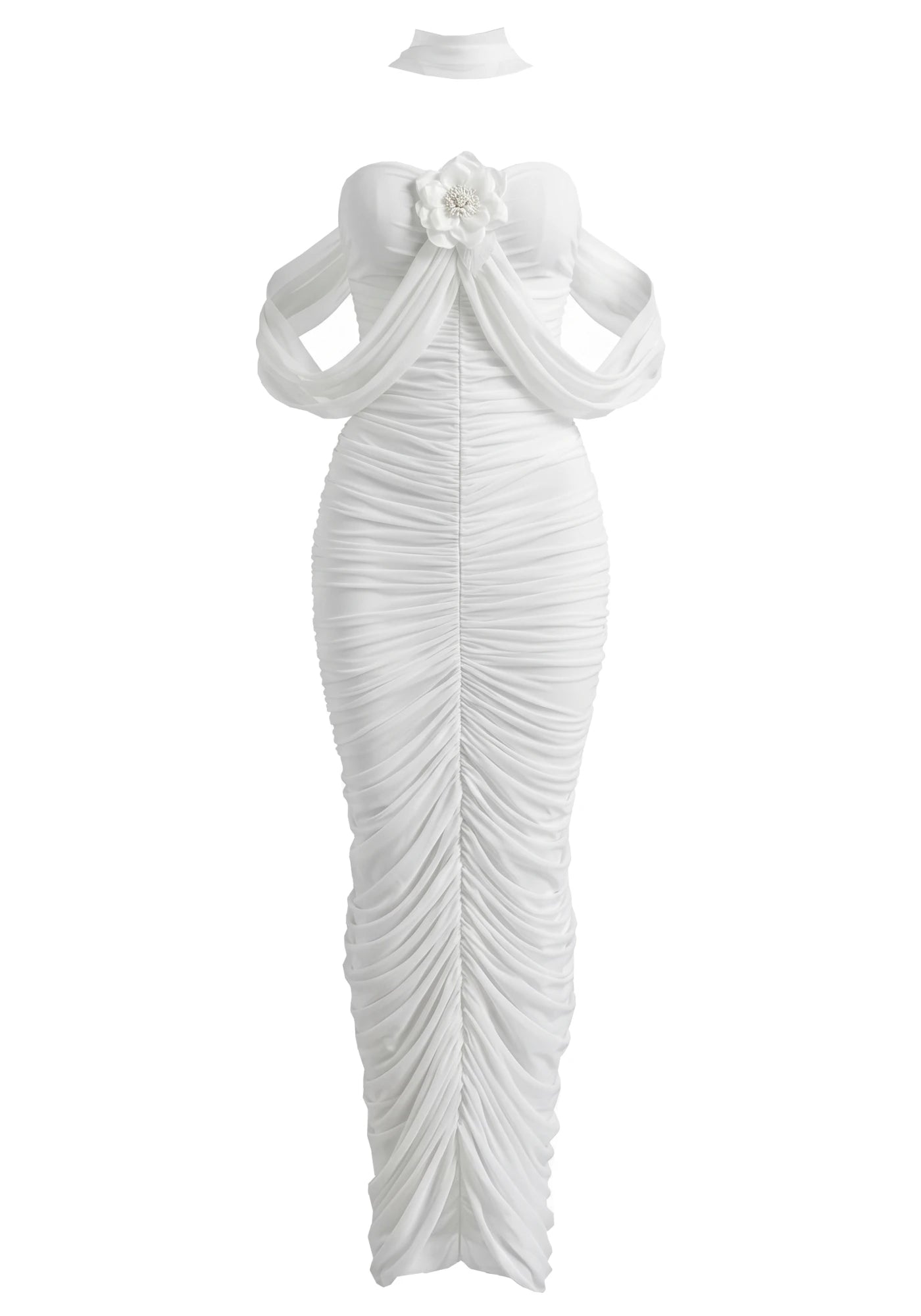 Ivory Draped One-Shoulder Floral Gown