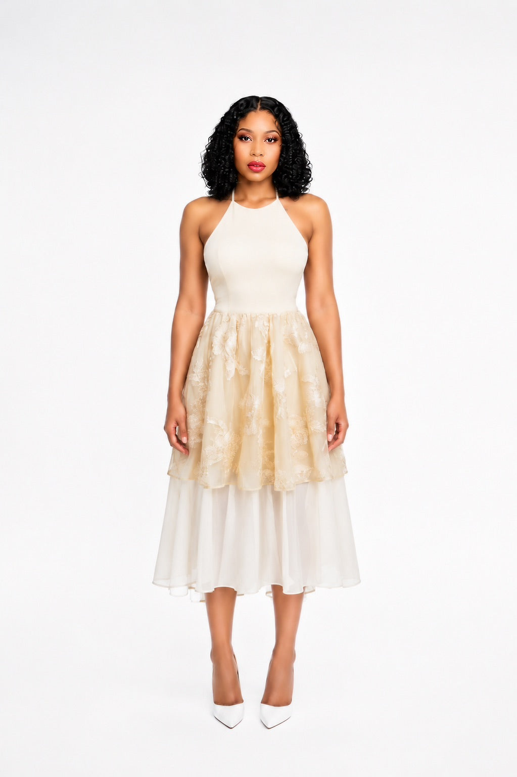 Halter Floral Ruffle Midi Dress Ivory