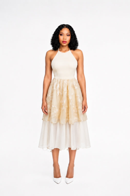 Halter Floral Ruffle Midi Dress Ivory