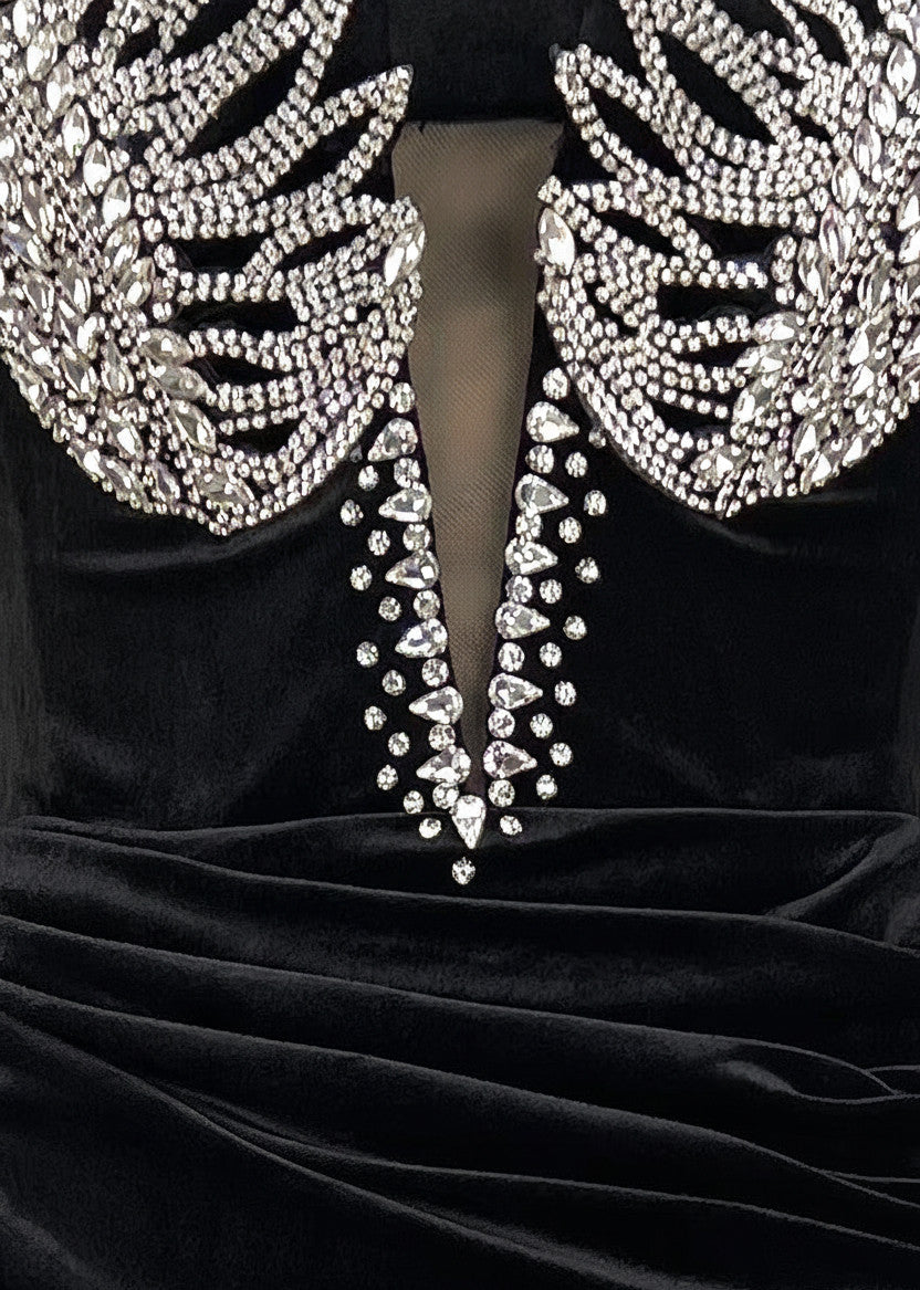 Strapless Crystal Wings Maxi Velvet Dress Black
