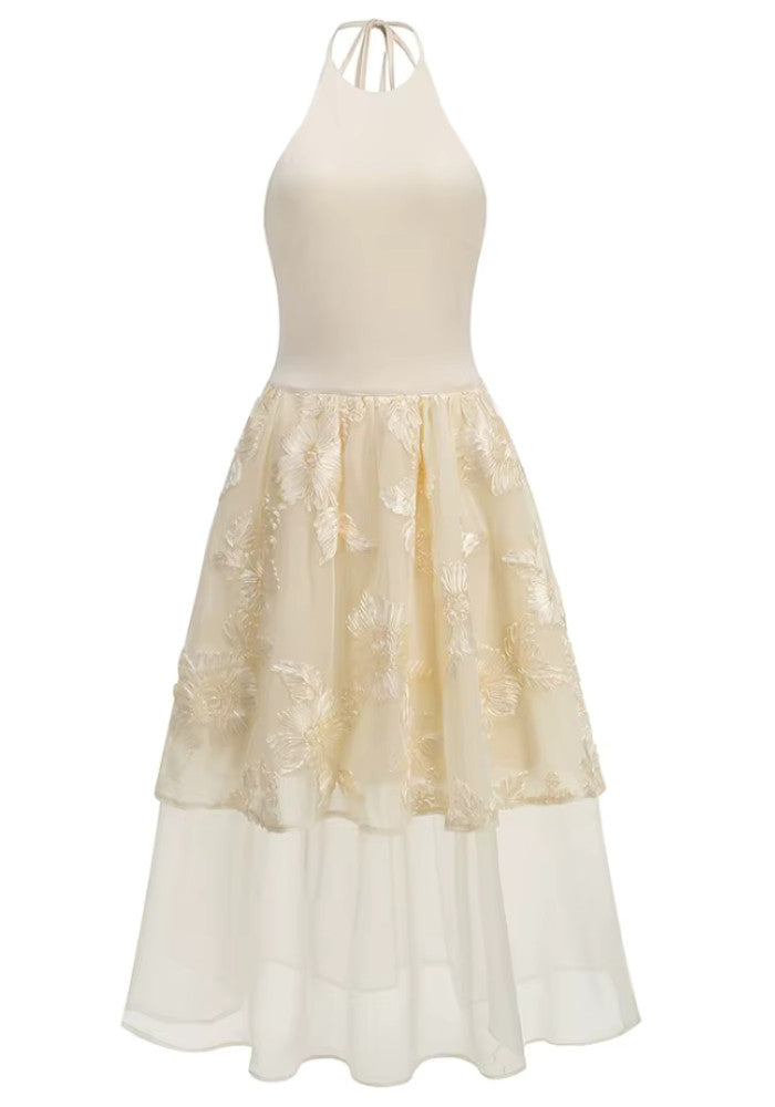 Halter Floral Ruffle Midi Dress Ivory