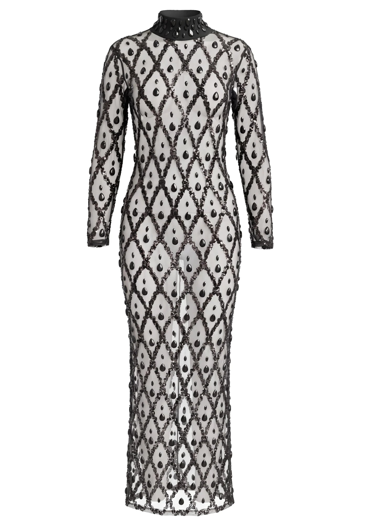 Long Sleeve Embellished Sequin Mesh Maxi Dress Black