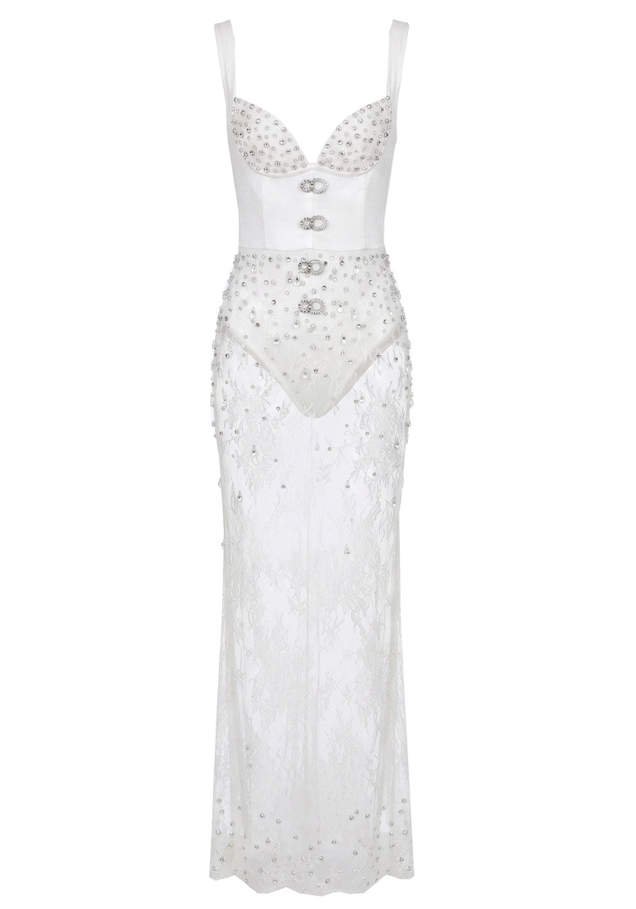 Crystal Bustier Lace Maxi Dress White