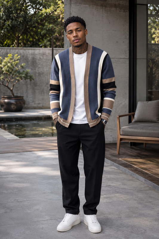 Men's Plus Size Striped Open Front Knit Cardigan