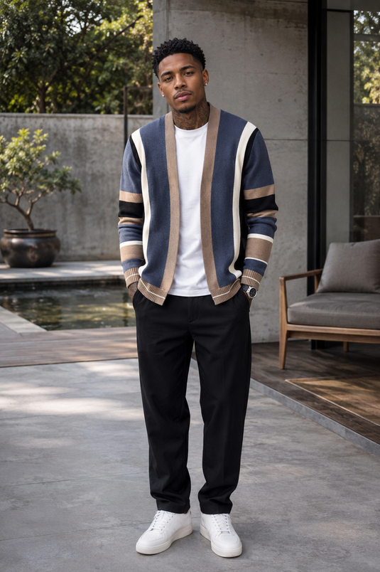 Men's Plus Size Striped Open Front Knit Cardigan