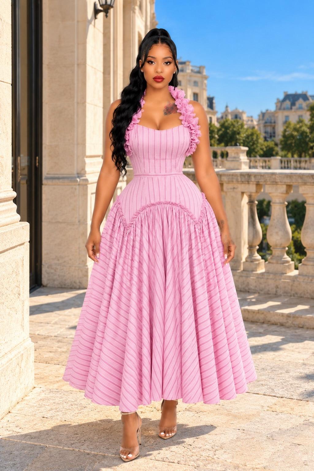 The Azure Ruffle-Trim Striped Midi Dress pink