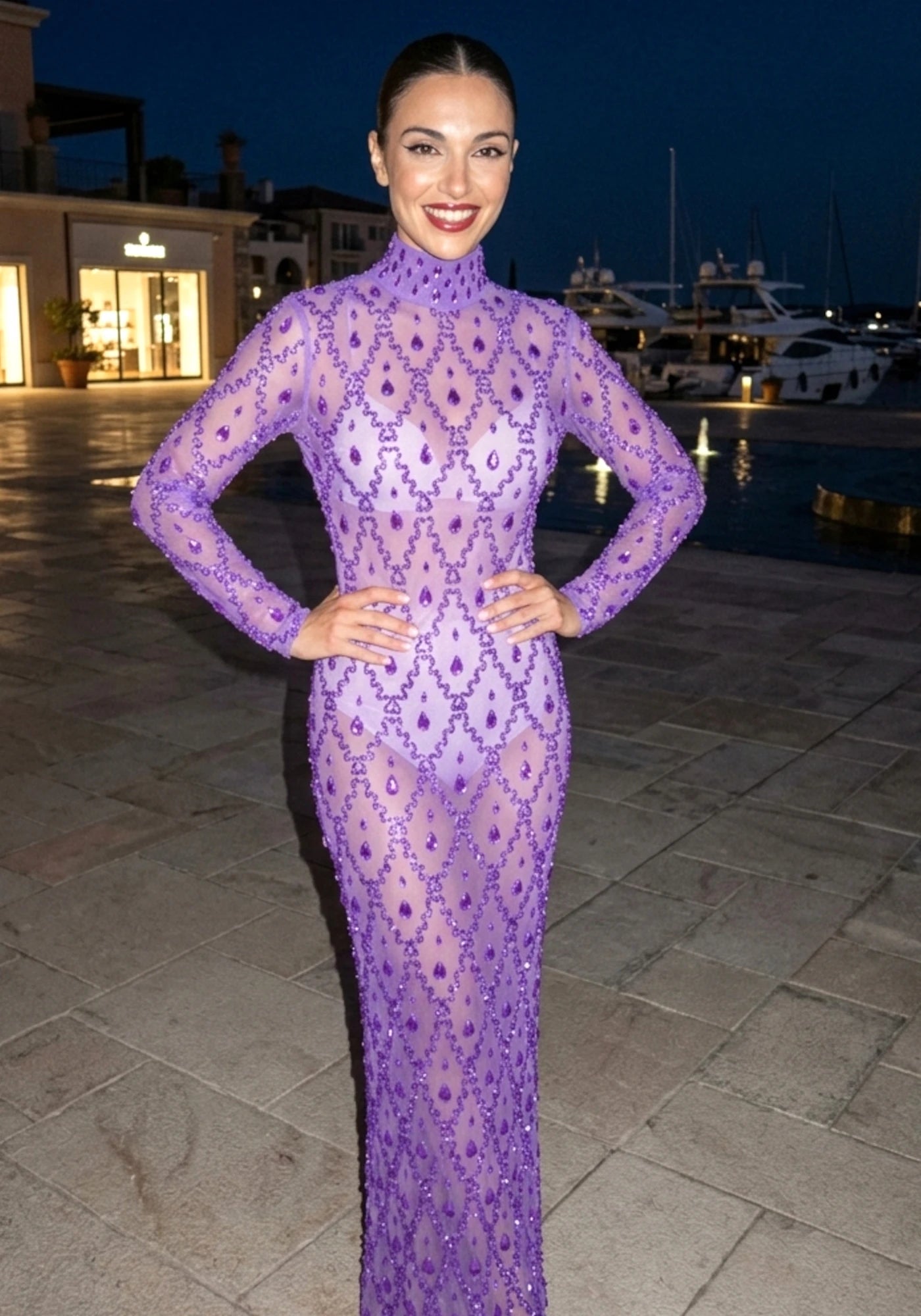 Long Sleeve Embellished Sequin Mesh Maxi Dress Purple