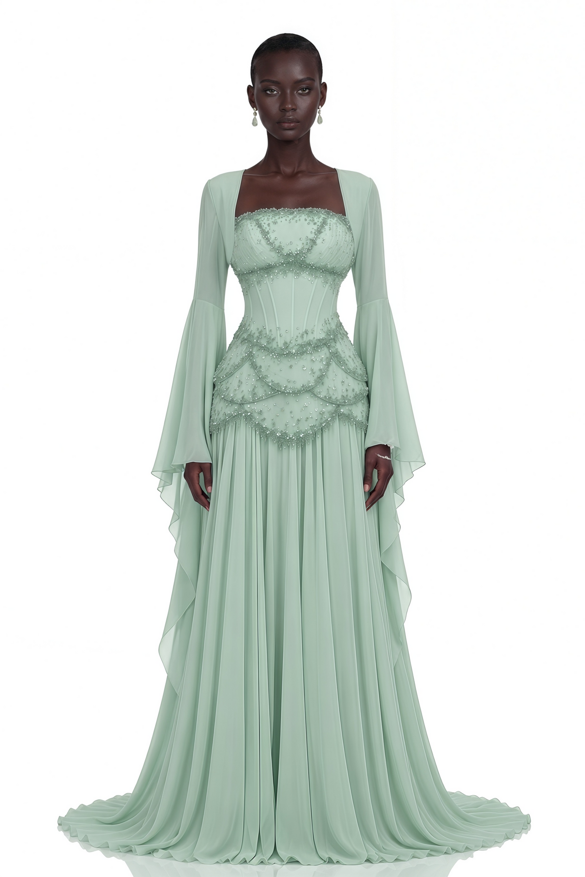 Green Faux-pearl-embellished Pleated Maxi Dress