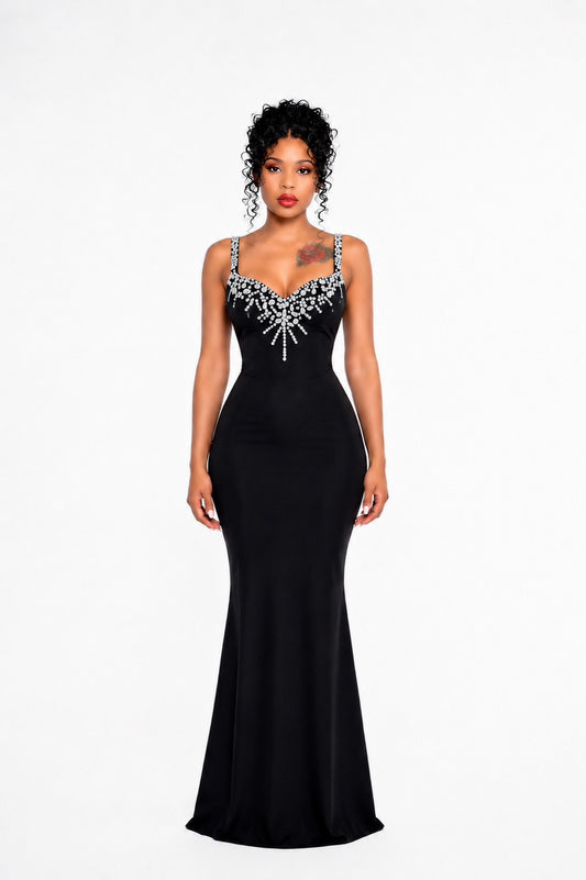 Crystal Embellished Front Maxi Dress Black