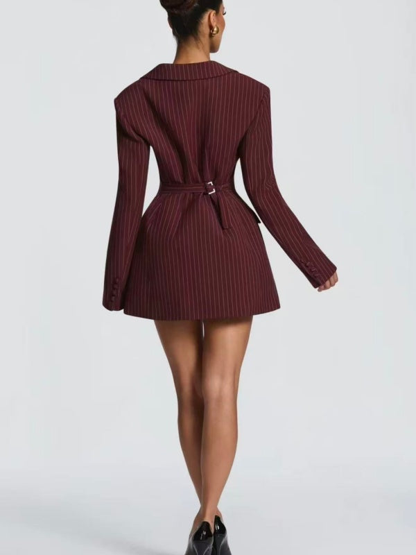 Burgundy Pinstripe Structured Blazer Mini Dress