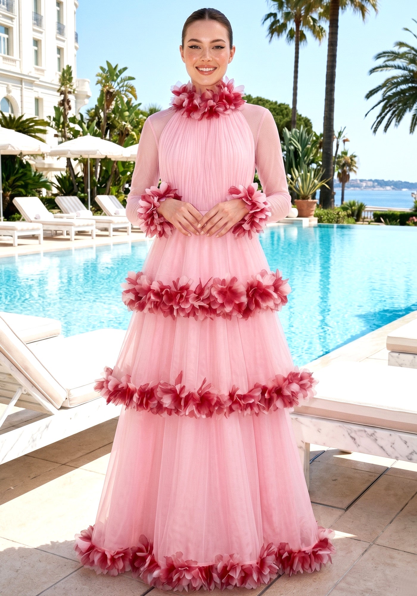Long Sleeve Feather A Line Maxi Dress Pink