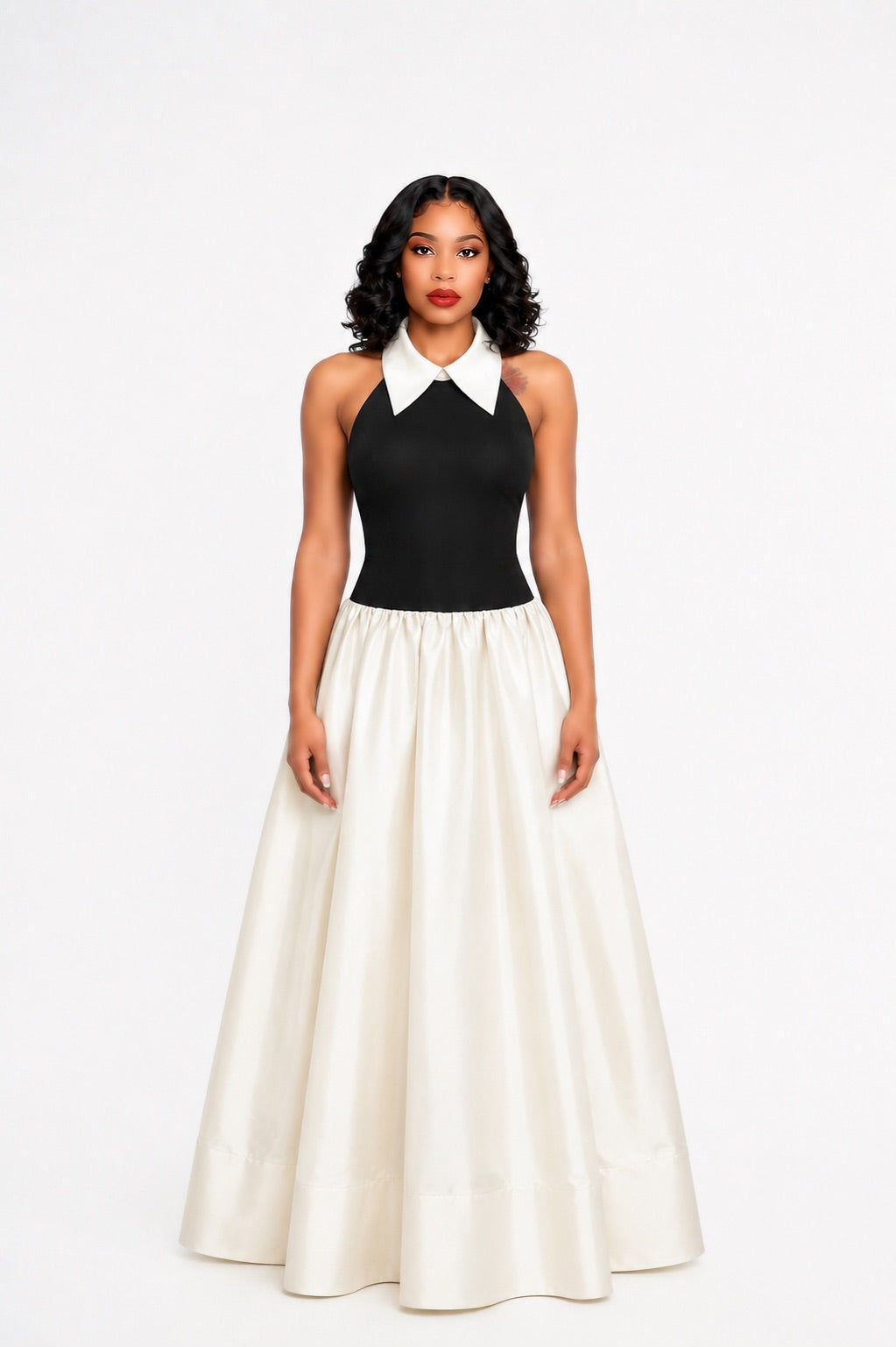 Halter A Line Maxi Dress Black White