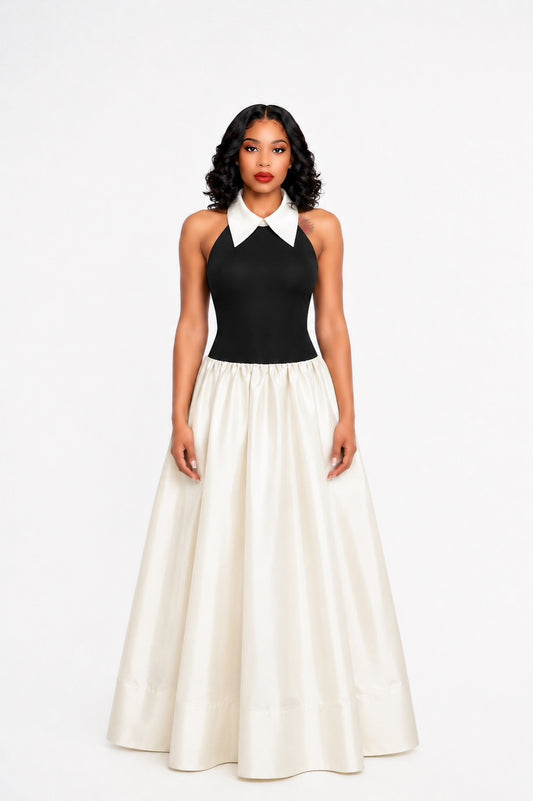 Halter A Line Maxi Dress Black White