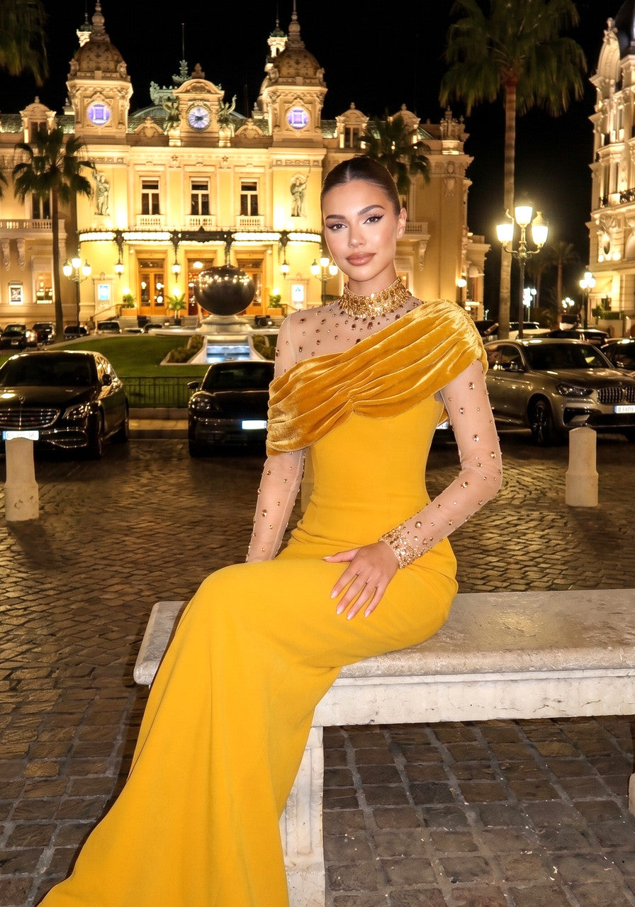 Crystal Long Sleeve Draped Maxi Dress Amber
