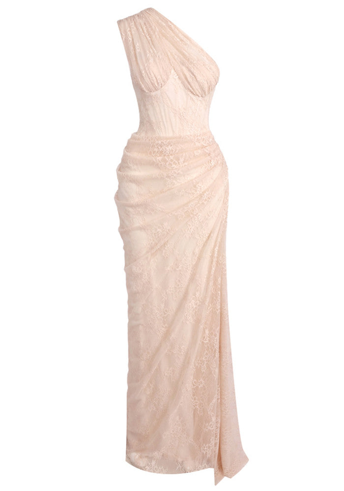 One Shoulder Draped Lace Maxi Dress Light Nude