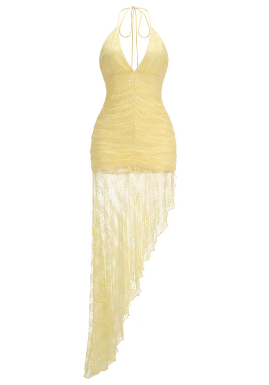 Halter Ruched Asymmetric Lace Maxi Dress Yellow