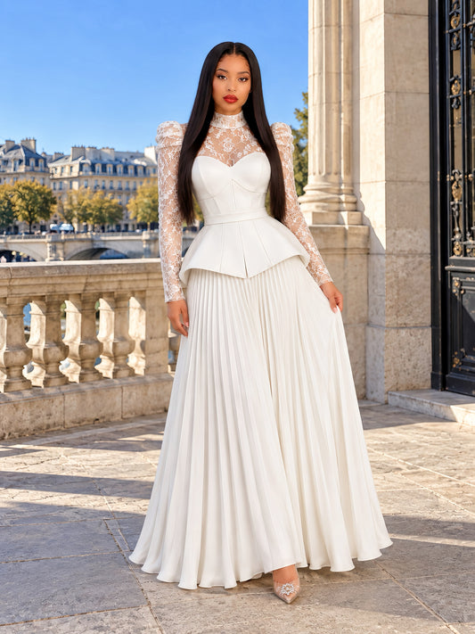 White Lace Sleeve Blouse And Gored Skirt