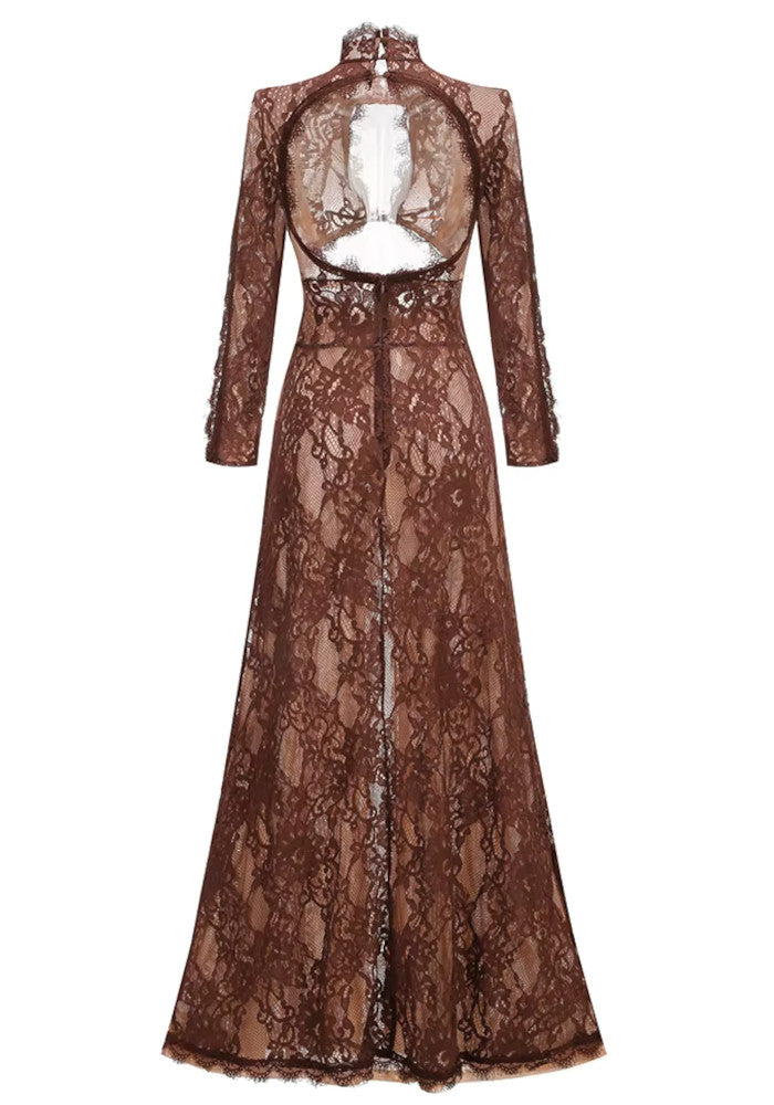 Long Sleeve Cut Out Lace Maxi Dress Brown