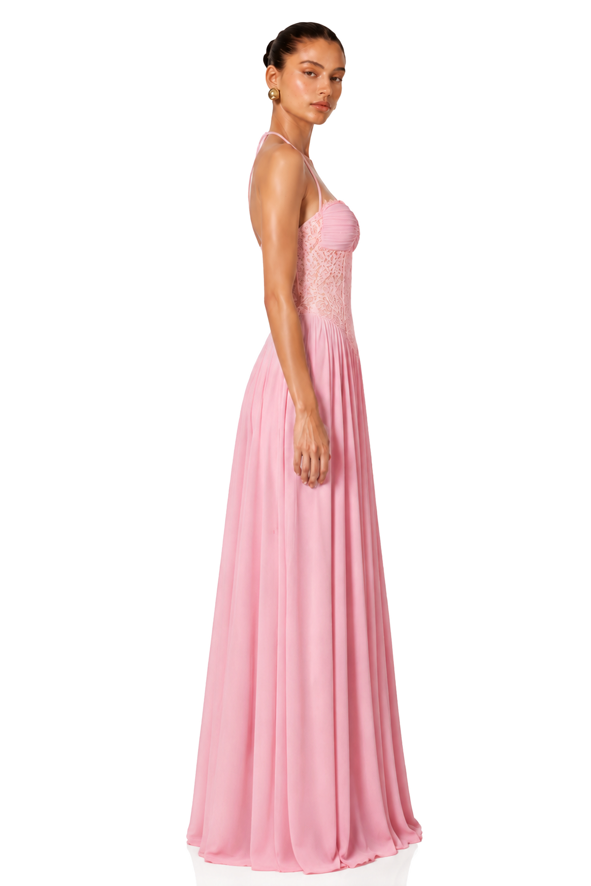 Pink Halterneck Lace Corset Maxi Dress