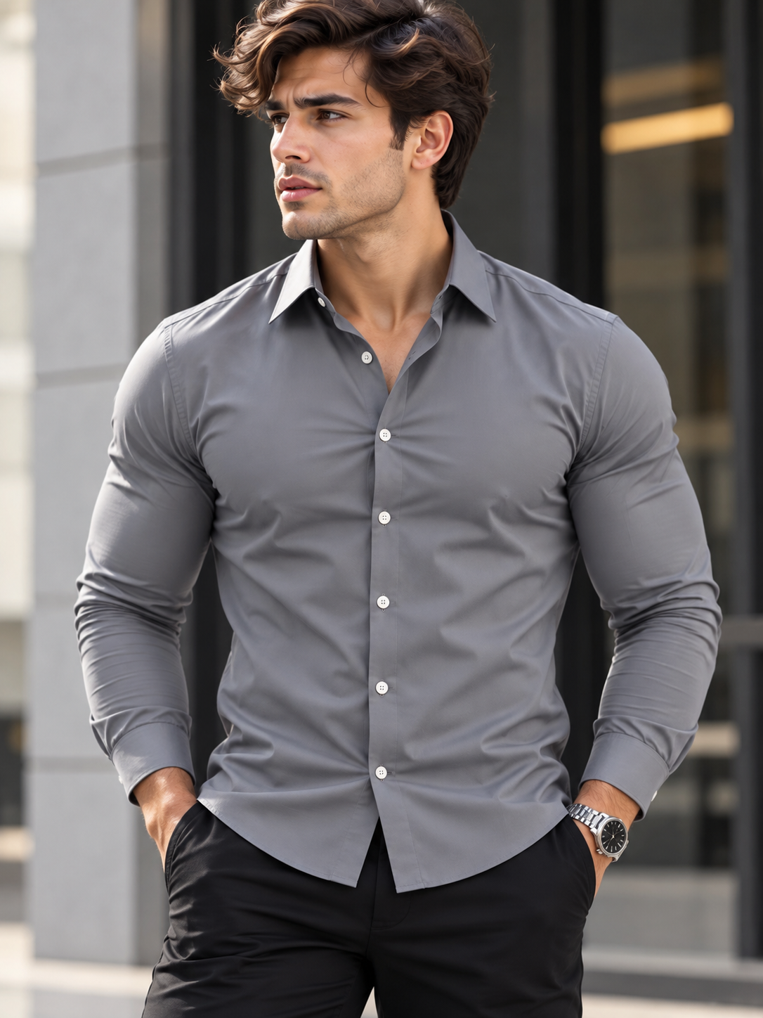 Men's Full Size Slim Fit Long-Sleeve Button-Down Shirt Plus Size