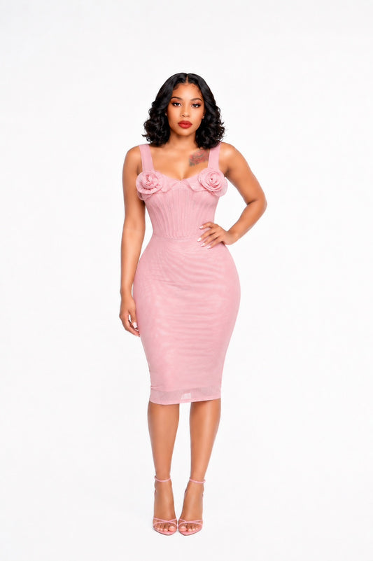 Floral Bustier Structured Midi Dress Pink