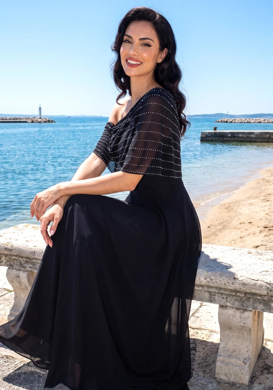 Embellished Bardot A Line Maxi Dress Black